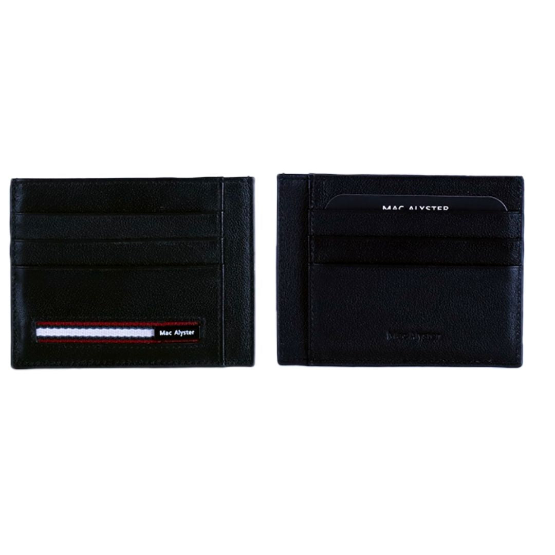 Grand porte-cartes ultra-plat PRELUDE noir au fini grainé avec fentes pour cartes recto-verso et bande tricolore par Mac Alyster