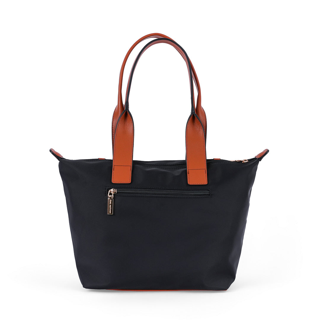 Grand sac cabas femme Abrielle en tissu toile noir et finitions marron porté épaule