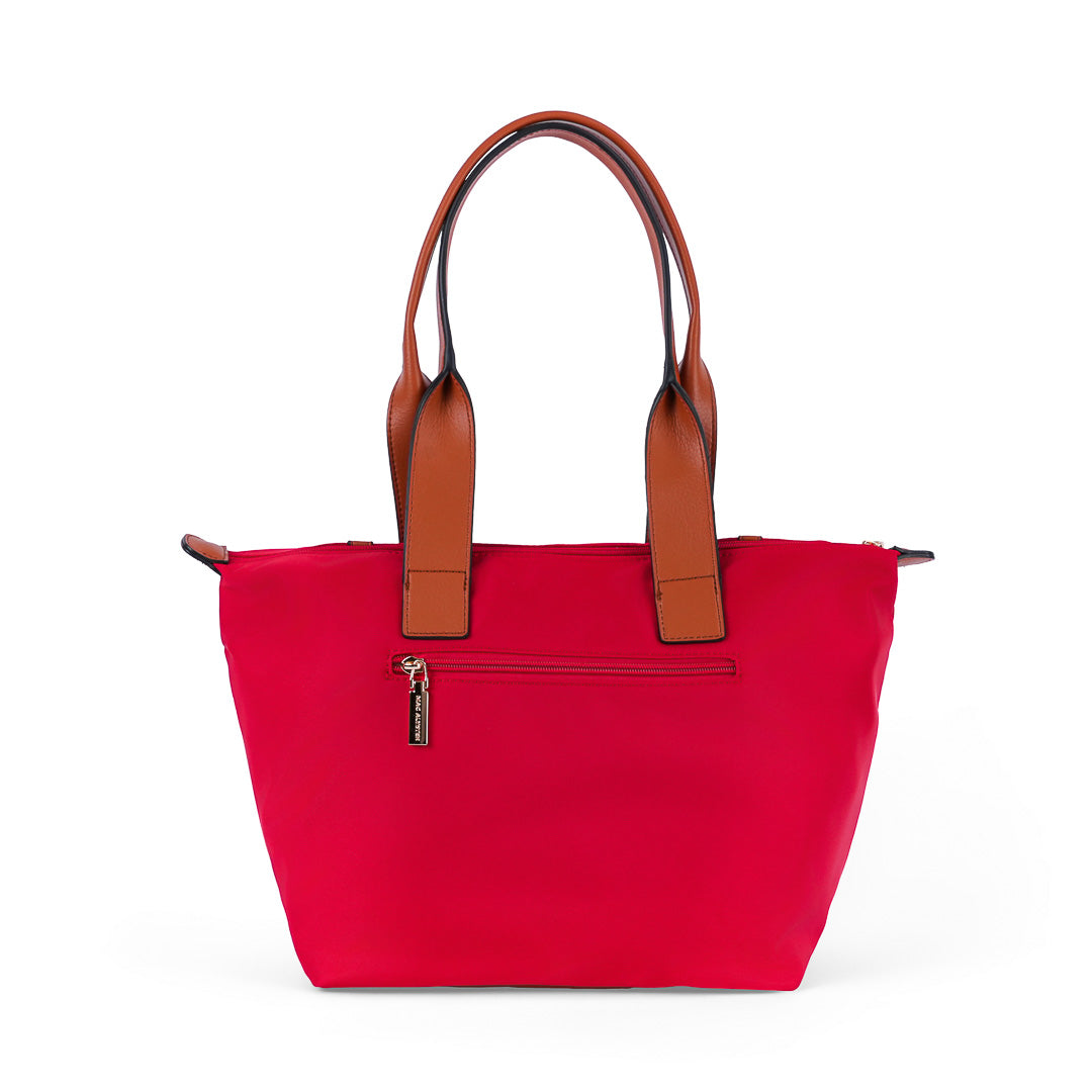 Grand sac cabas femme Abrielle en tissu toile rouge et finitions marron porté épaule