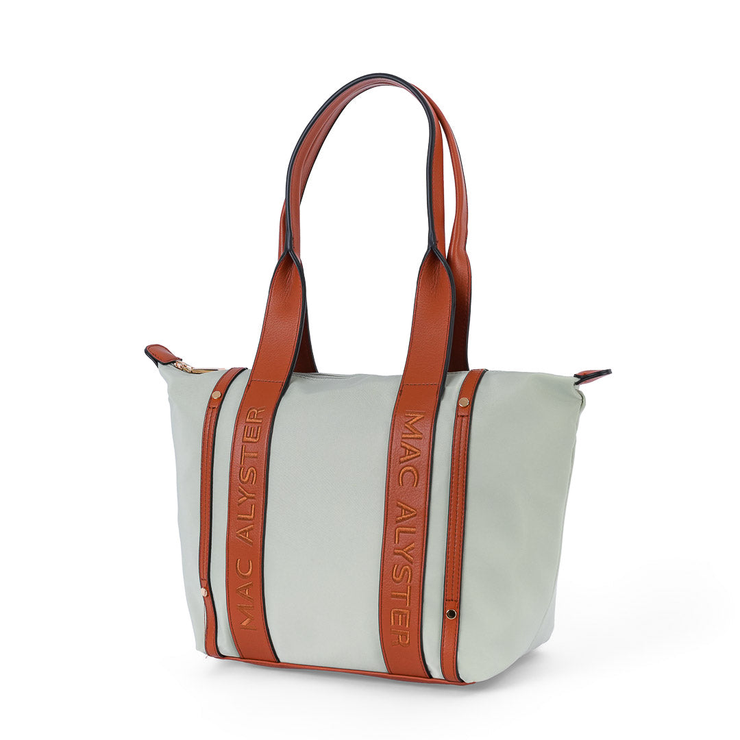 Grand sac cabas femme Abrielle en tissu toile vert et finitions marron porté épaule