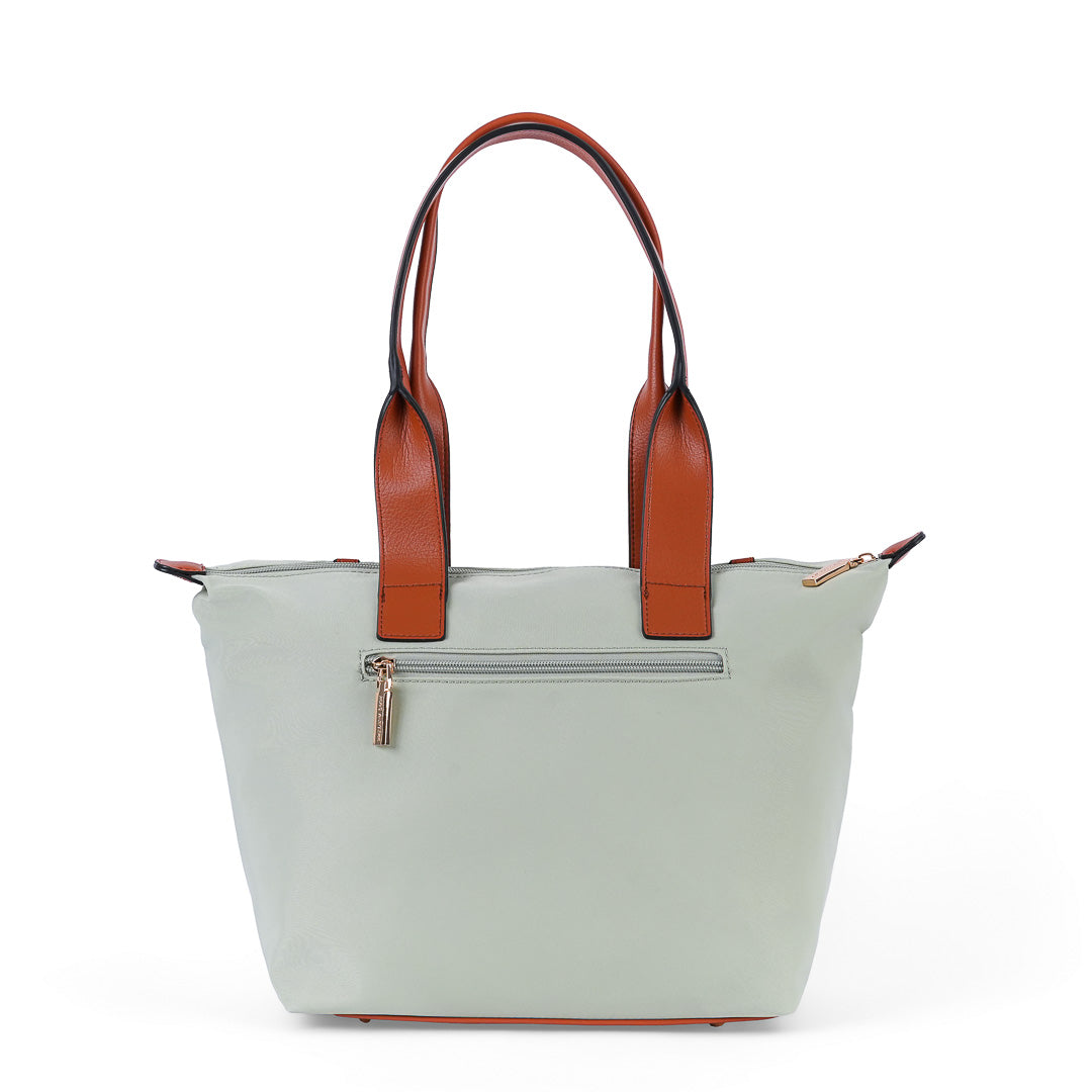 Grand sac cabas femme Abrielle en tissu toile vert et finitions marron porté épaule