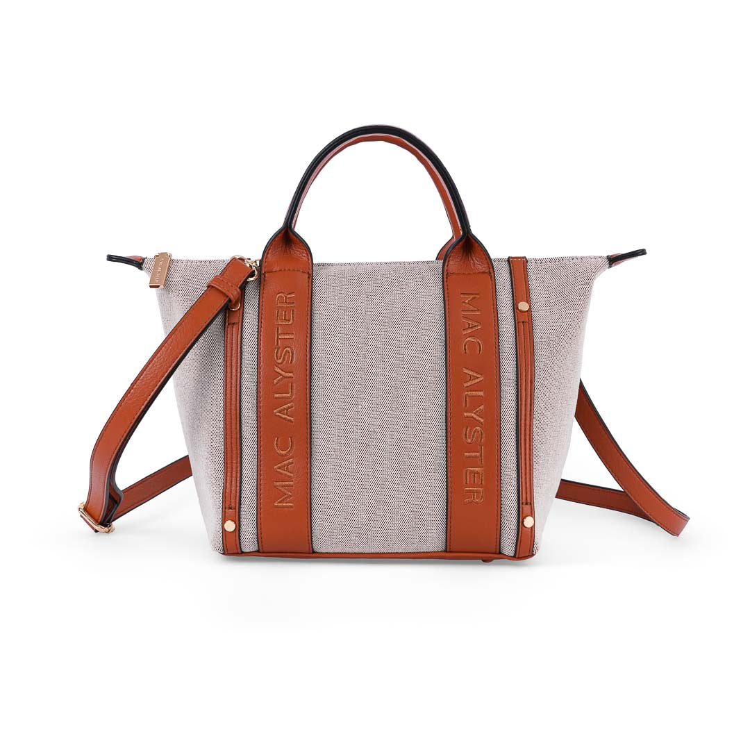 Sac porté main femme Abrielle en lin naturel et finitions cuir synthétique marron