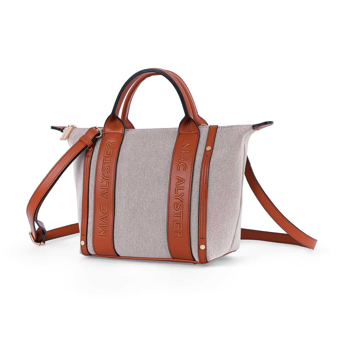 Sac porté main femme Abrielle en lin naturel et finitions cuir synthétique marron