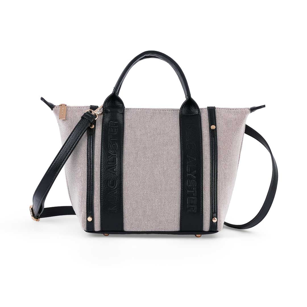 Sac porté main femme Abrielle en lin naturel et finitions cuir synthétique noir