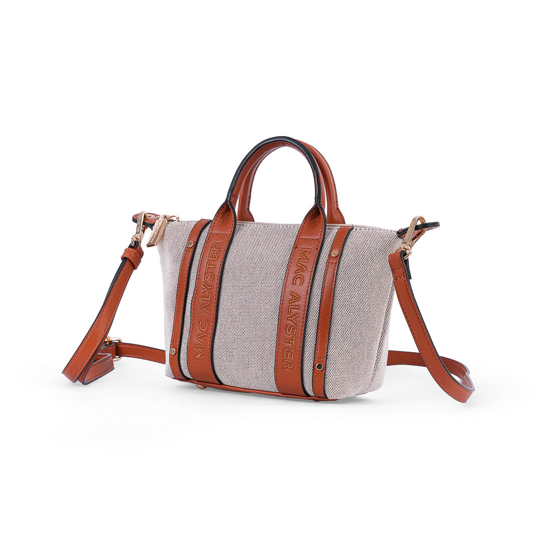 Petit sac porté main femme Abrielle en lin et finitions marron style bohème chic