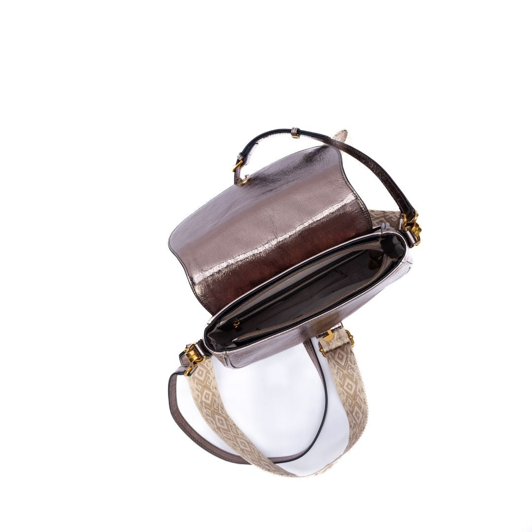 Sac demi-lune à rabat GIULIA en cuir de vachette MORDORE de haut