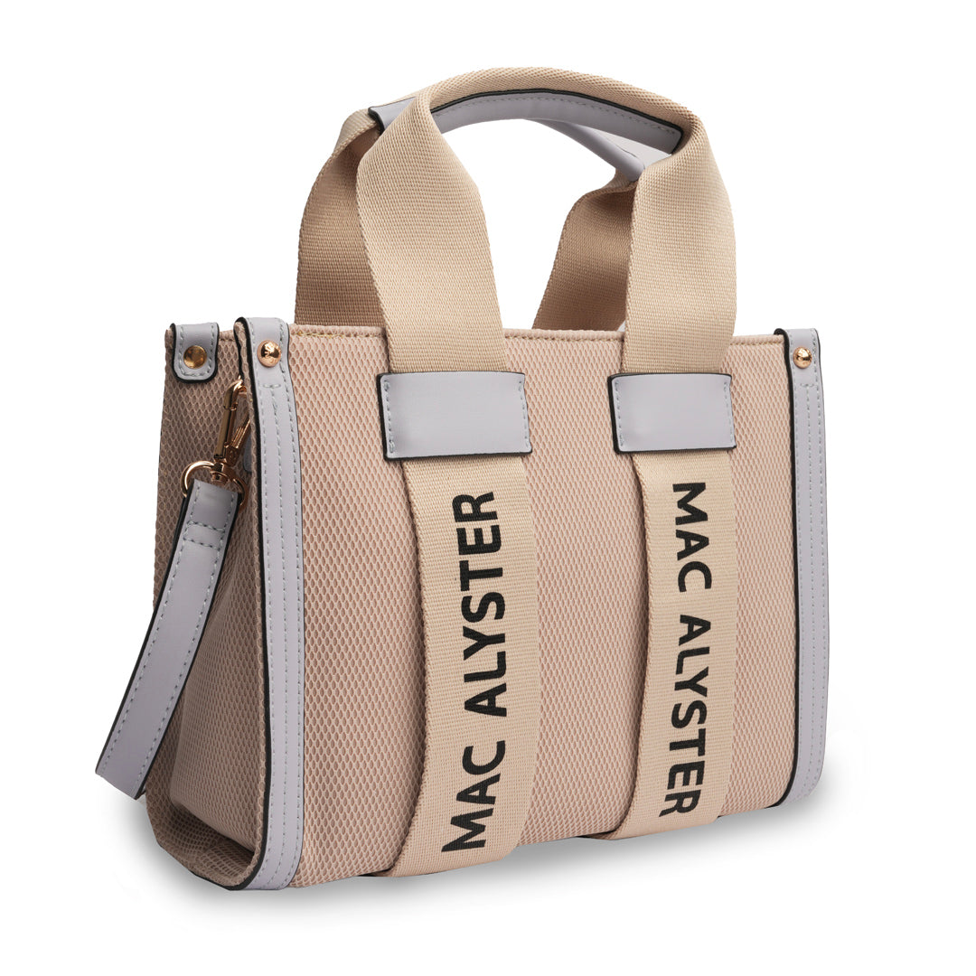 Sac à main Miss Clover Mac Alyster en synthétique coloris lavande, fermeture zippée, poignées 14 cm et accessoires dorés, vue de trois-quarts.