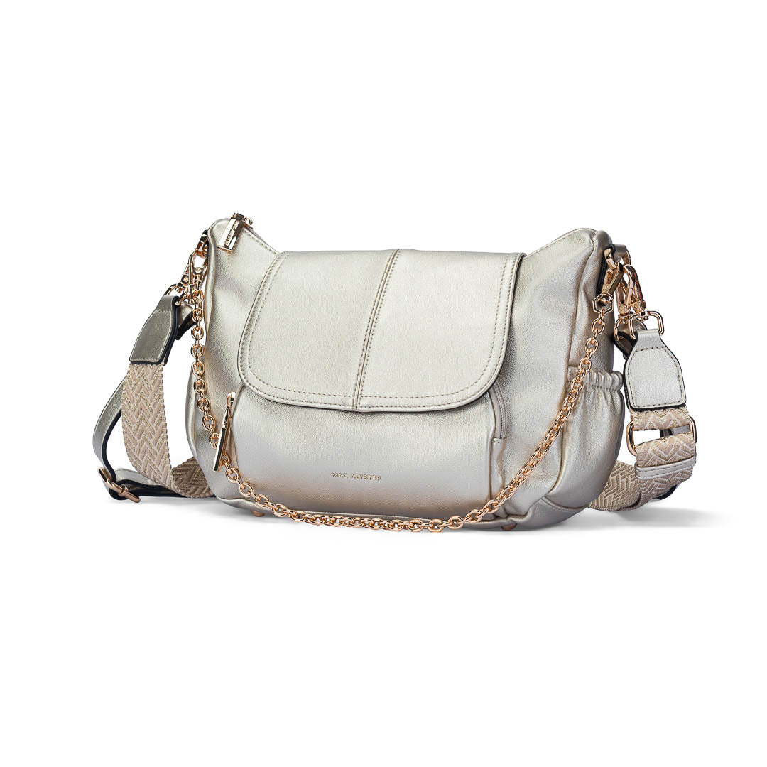 Sac bandoulière Milan Mac Alyster doré à rabat avec boucle dorée et bandoulière réglable