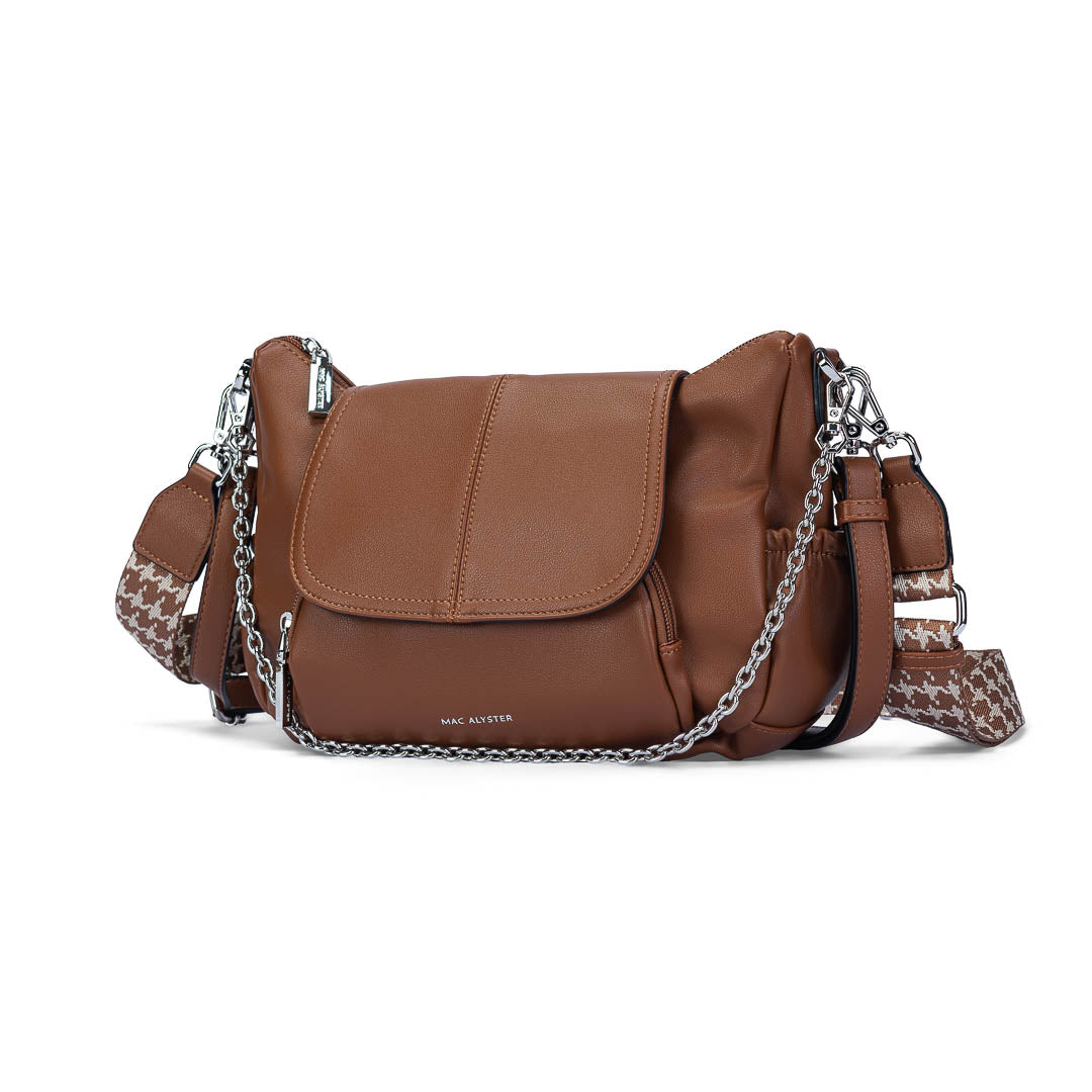 Sac bandoulière Milan Mac Alyster marron à rabat avec boucle dorée et bandoulière réglable