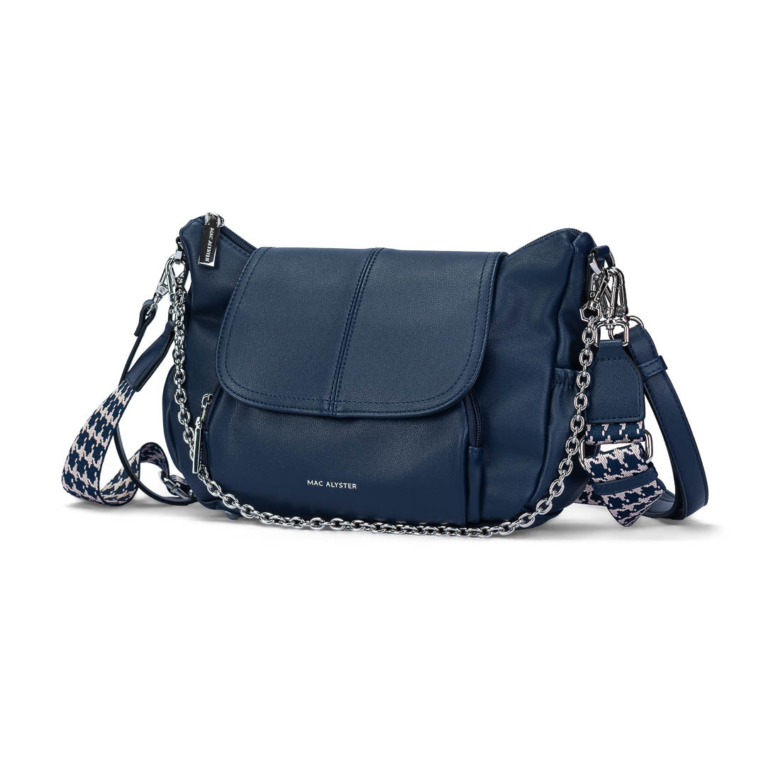 Sac bandoulière Milan Mac Alyster bleu à rabat avec boucle dorée et bandoulière réglable