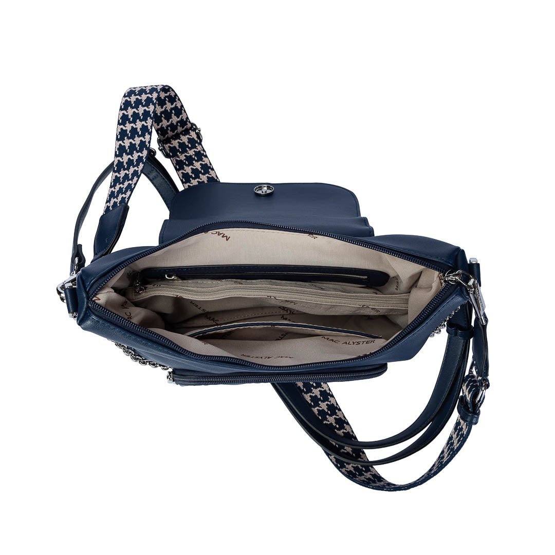 Sac bandoulière Milan Mac Alyster bleu à rabat avec boucle dorée et bandoulière réglable