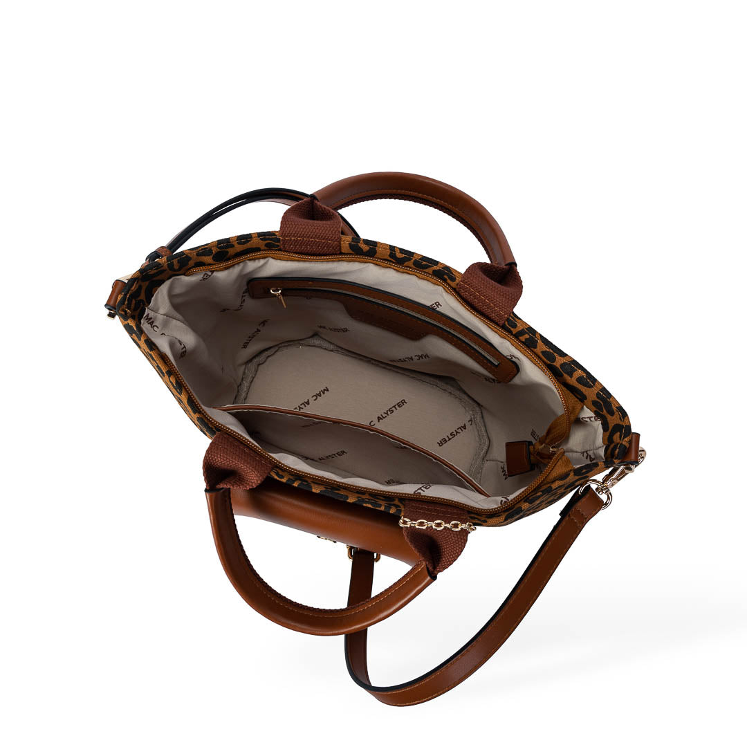 Sac porté main Miss Bohème Animal Mac Alyster imprimé animalier texturé et anses marron léopard