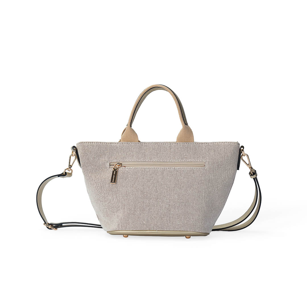 Petit sac à main Miss Bohème Mac Alyster en toile lin doré, bandoulière réglable, finitions dorées, 36×12×20 cm, porté main et travers