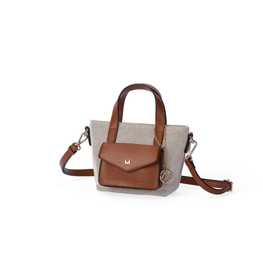 Petit sac à main Miss Bohème lin cognac, porté main et travers, toile structurée finitions dorées