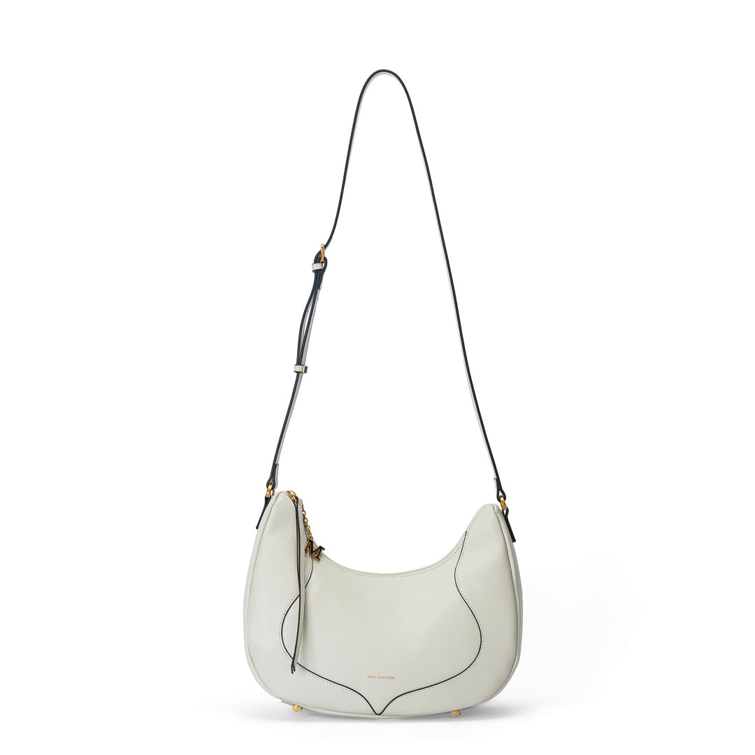 Grand sac demi-lune Inès cuir de vachette beige écru, bandoulière réglable, 32×11×24 cm