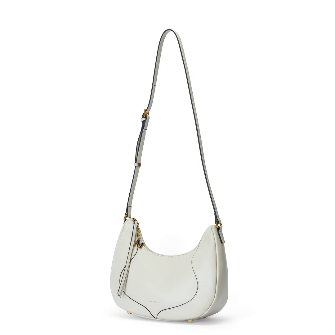 Grand sac demi-lune Inès cuir de vachette beige écru, bandoulière réglable, 32×11×24 cm
