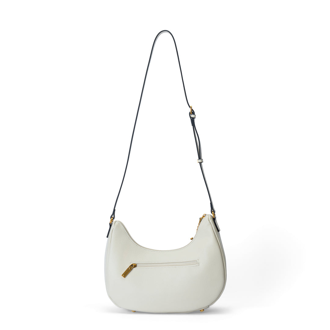 Grand sac demi-lune Inès cuir de vachette beige écru, bandoulière réglable, 32×11×24 cm
