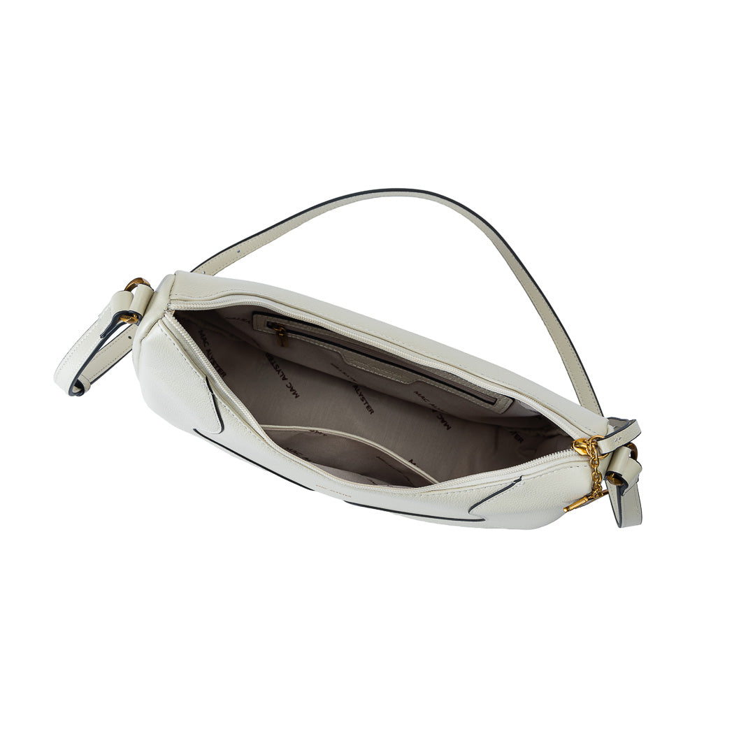 Grand sac demi-lune Inès cuir de vachette beige écru, bandoulière réglable, 32×11×24 cm