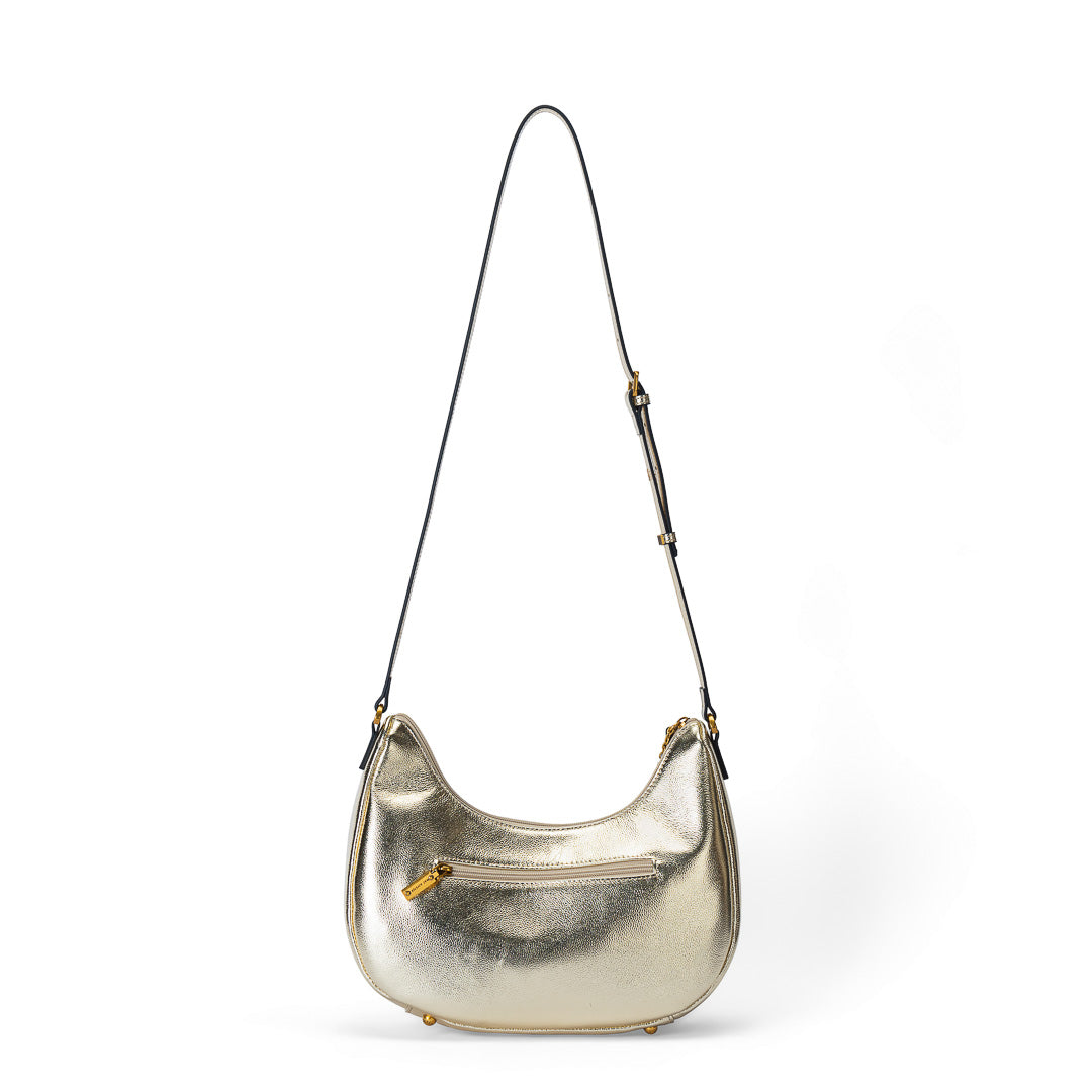 Grand sac demi-lune Inès cuir de vachette doré champagne, bandoulière réglable, finitions dorées