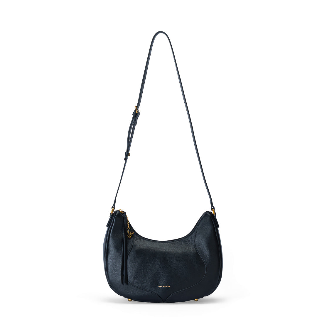 Grand sac demi-lune Inès cuir de vachette noir, fermeture zippée, porté travers finitions dorées