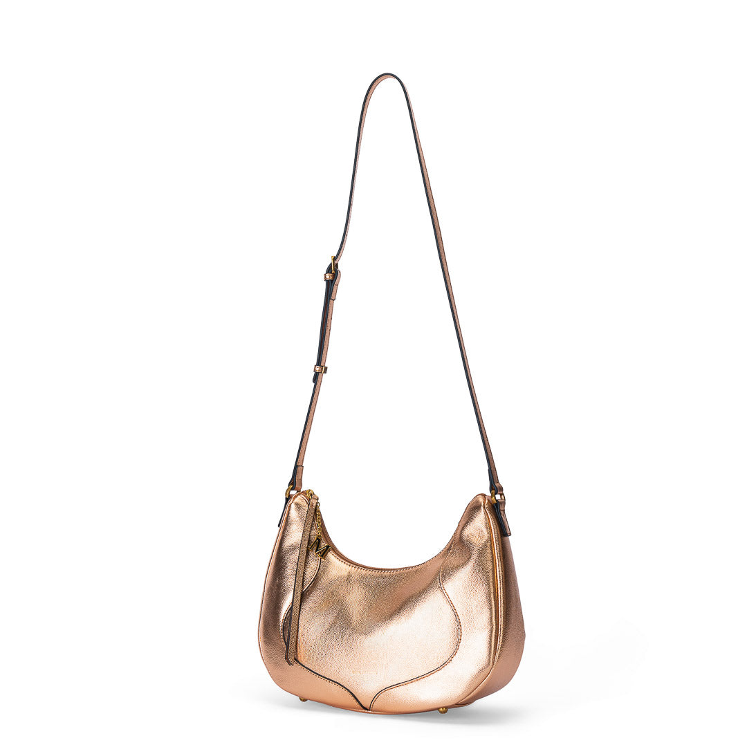Grand sac demi-lune Inès cuir de vachette rose gold, porté travers élégant, finitions dorées