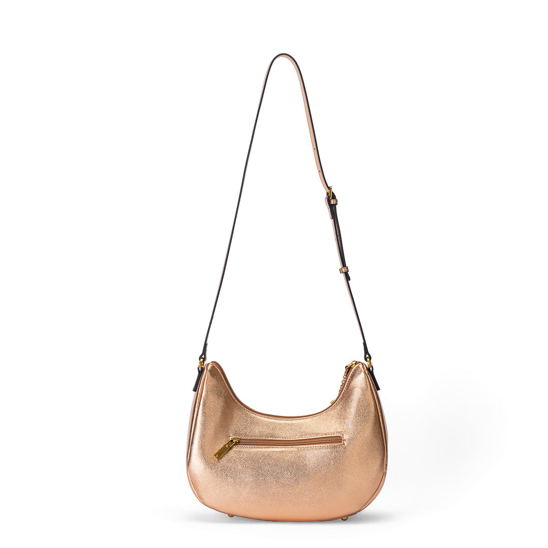 Grand sac demi-lune Inès cuir de vachette rose gold, porté travers élégant, finitions dorées