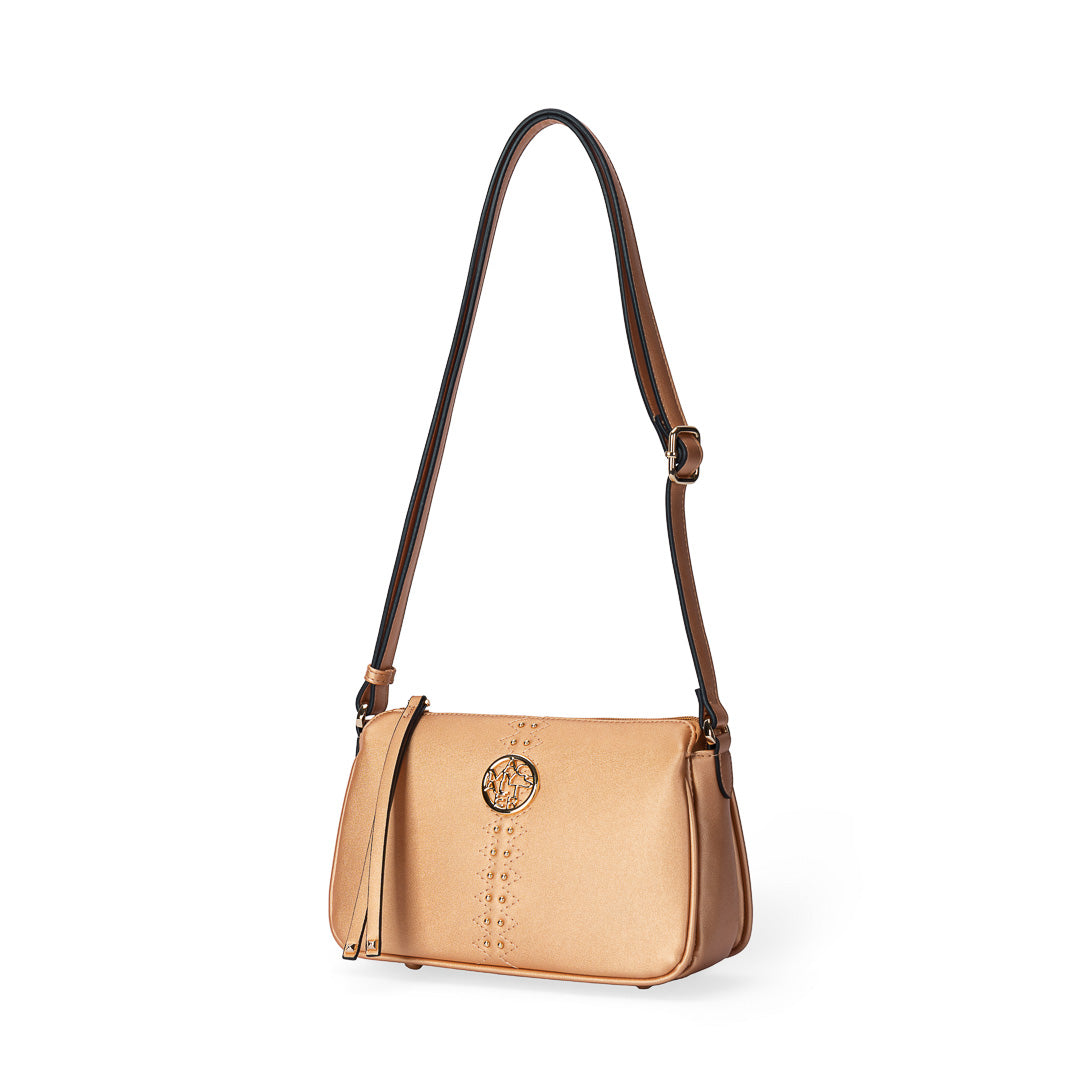 Sac bandoulière TENTATION or rosé par Mac Alyster, vue de trois-quarts