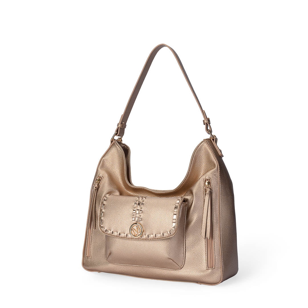 Grand sac besace Sweet Mac Alyster or rose avec bandoulière large et détails dorés