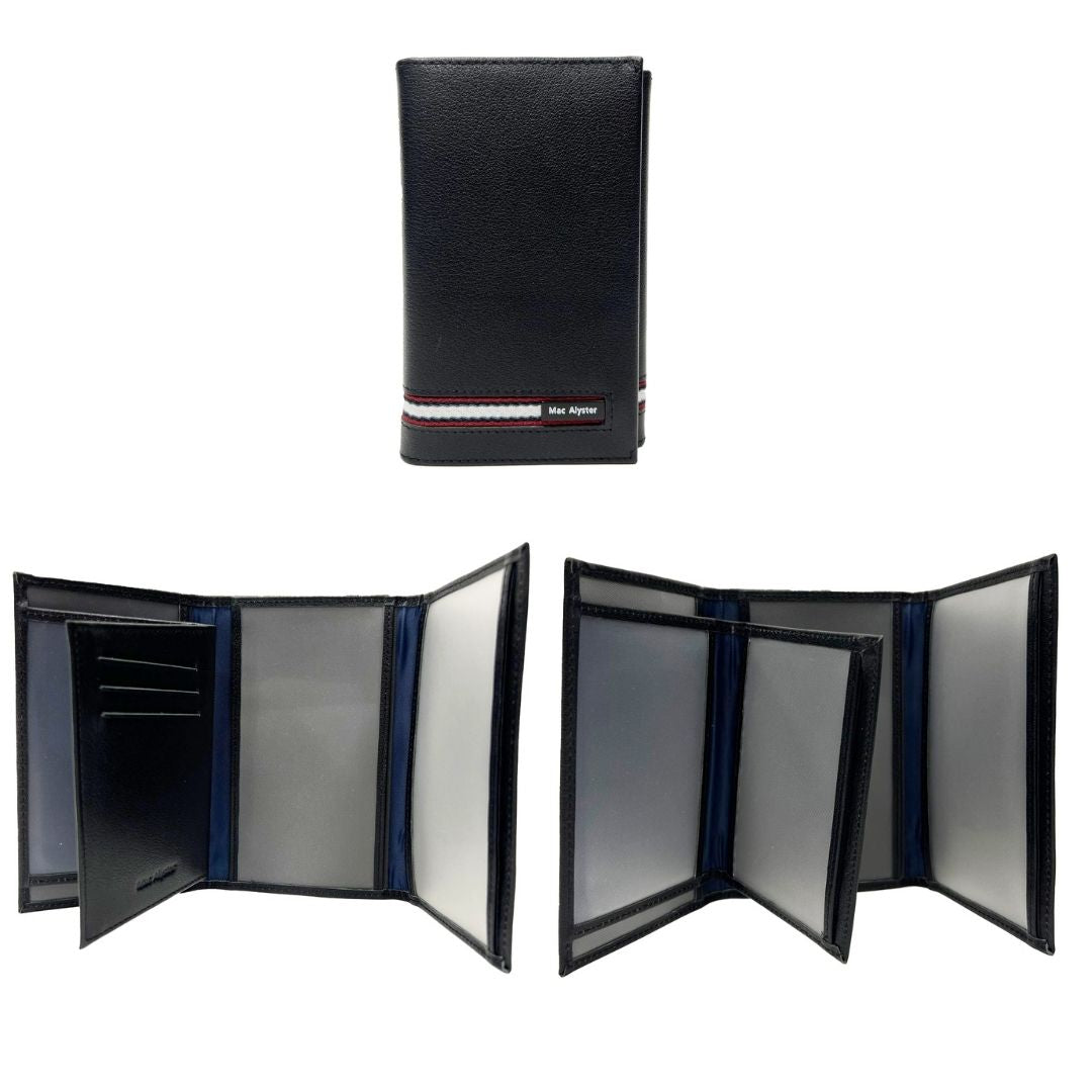Porte-papiers vertical à 3 volets PRELUDE noir avec fenêtres transparentes pour documents et bande tricolore par Mac Alyster