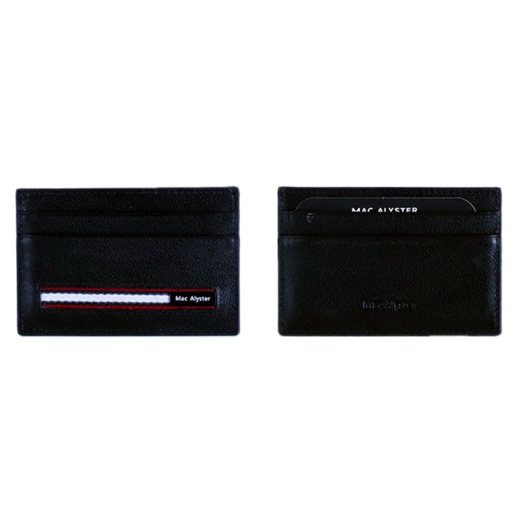 Petit porte-cartes ultra-plat PRELUDE noir au fini grainé avec bande textile tricolore par Mac Alyster