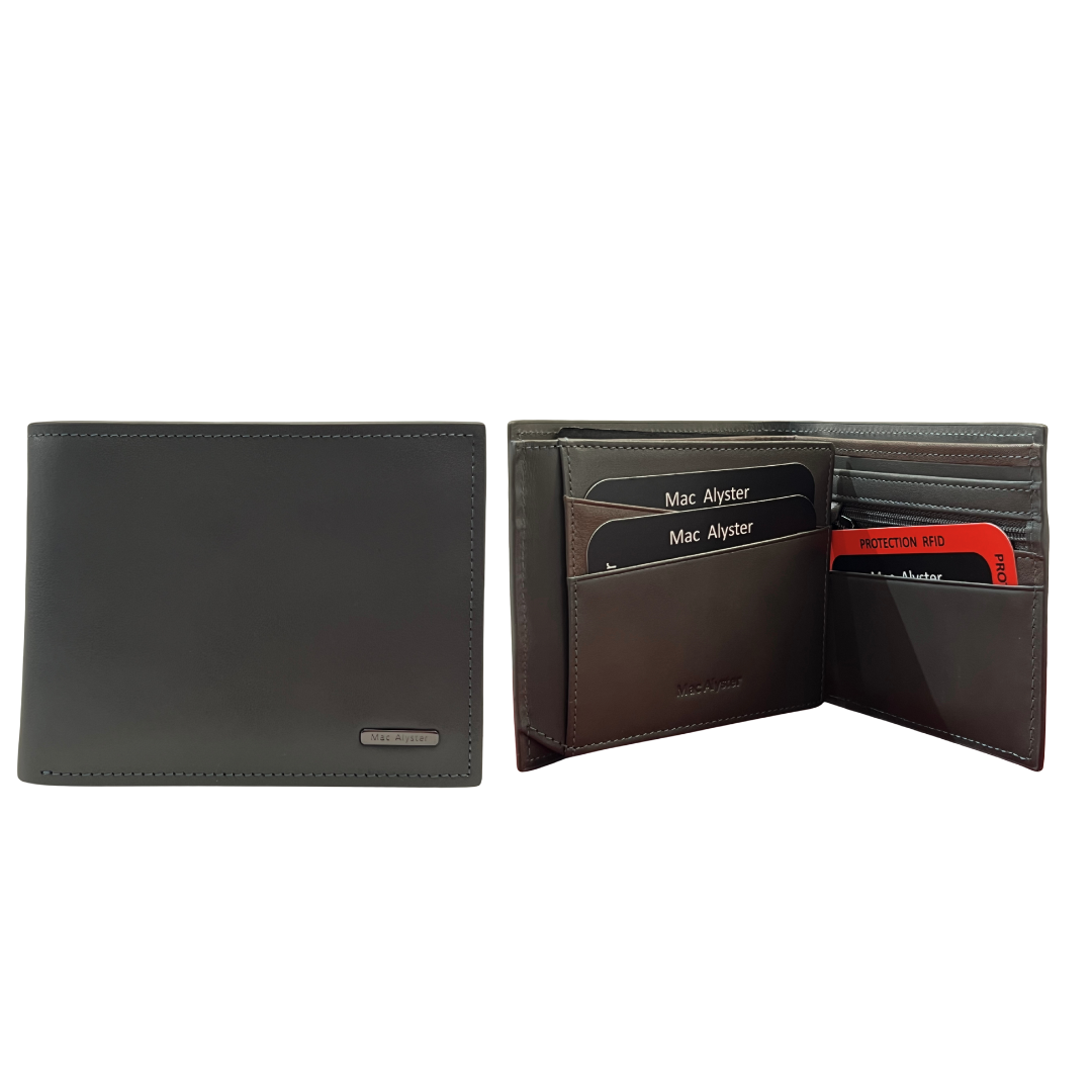 Portefeuille italien 2 volets HERITAGE gris en cuir de vachette horizontal avec porte-monnaie zippé et protection RFID par Mac Alyster