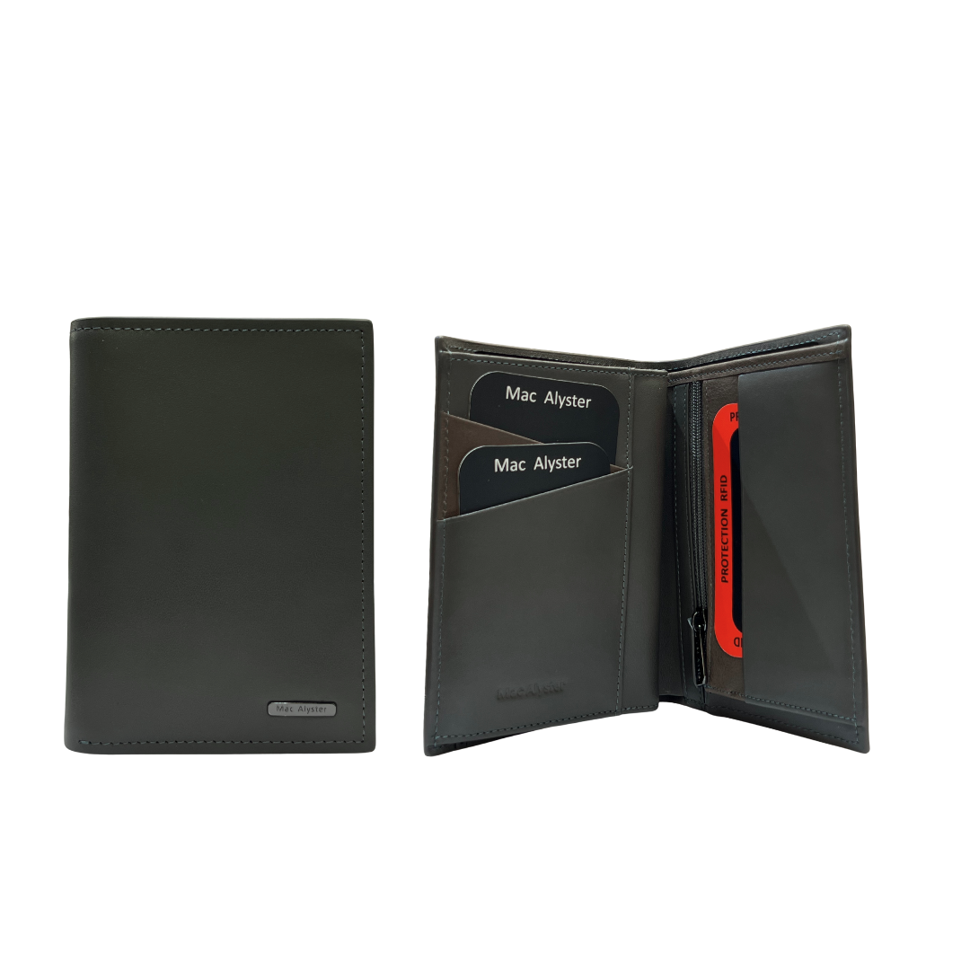 Portefeuille européen 3 volets HERITAGE gris en cuir de vachette vertical avec protection RFID par Mac Alyster