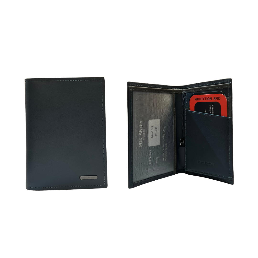 Petit portefeuille simple HERITAGE bleu en cuir de vachette vertical avec protection RFID par Mac Alyster