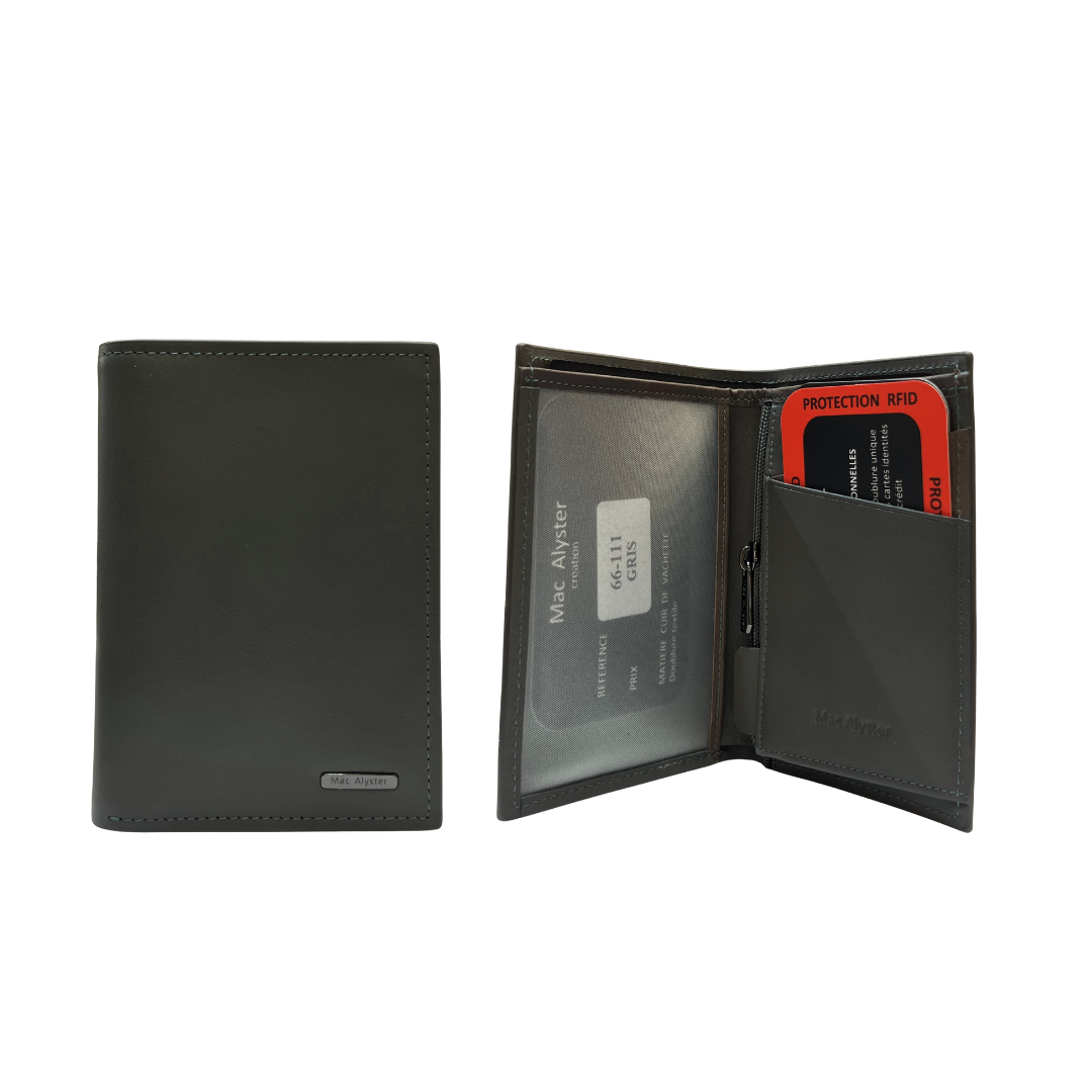 Petit portefeuille simple HERITAGE bleu en cuir de vachette vertical avec protection RFID par Mac Alyster