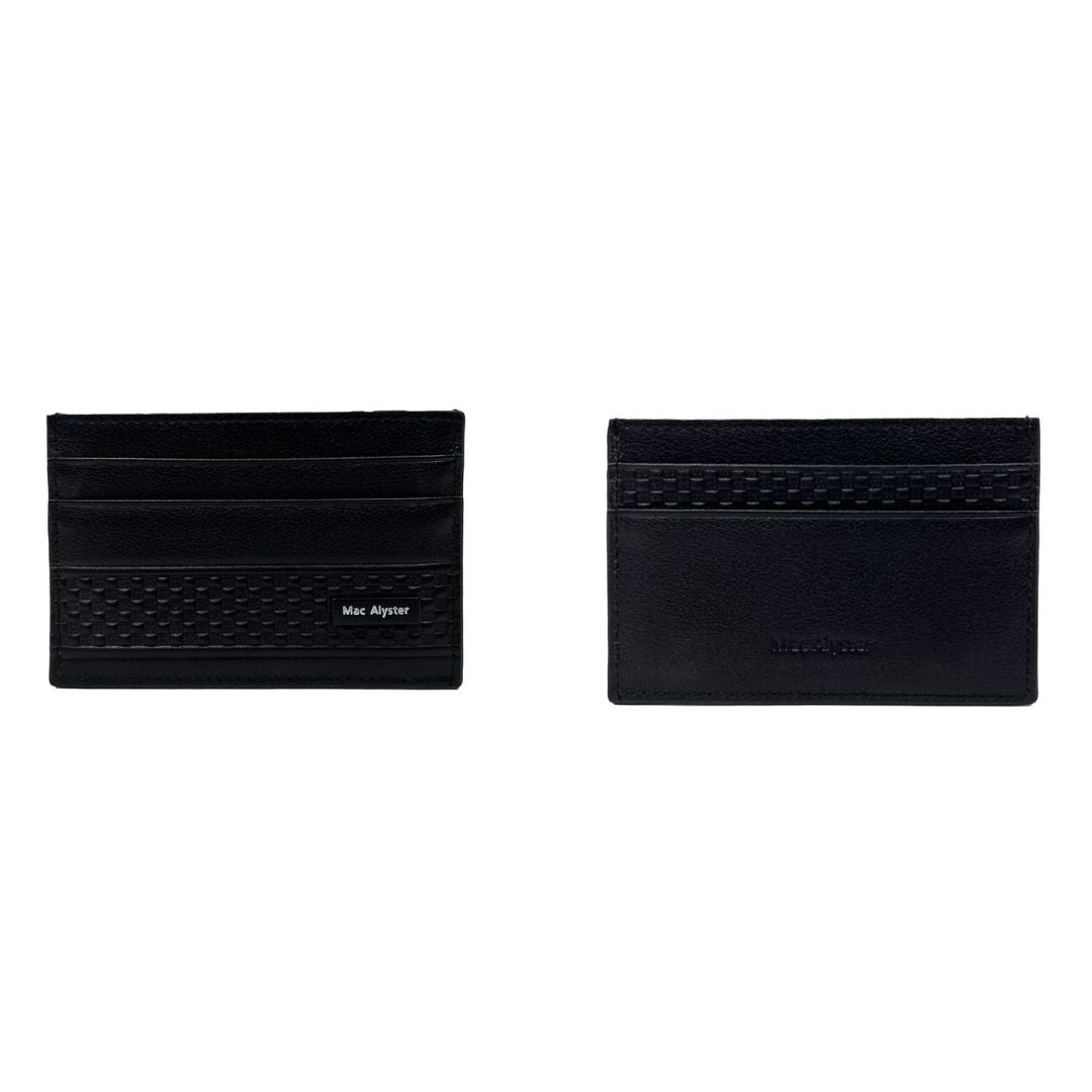 Petit porte-cartes horizontal ultra-plat WESTSIDE noir avec bande texturée à motif damier gaufré et logo métallique par Mac Alyster