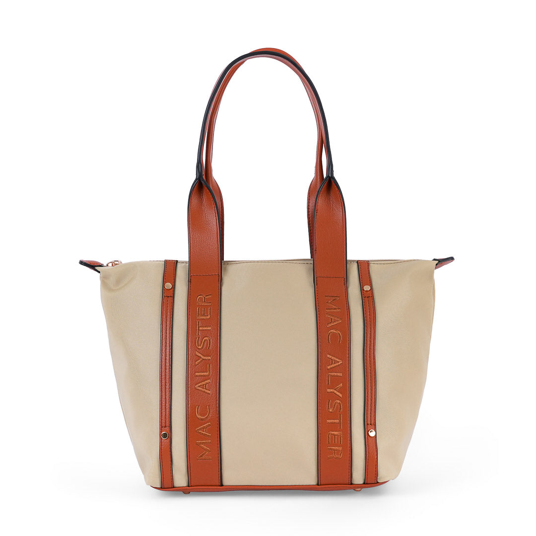 Grand sac cabas femme Abrielle en tissu toile beige et finitions marron porté épaule