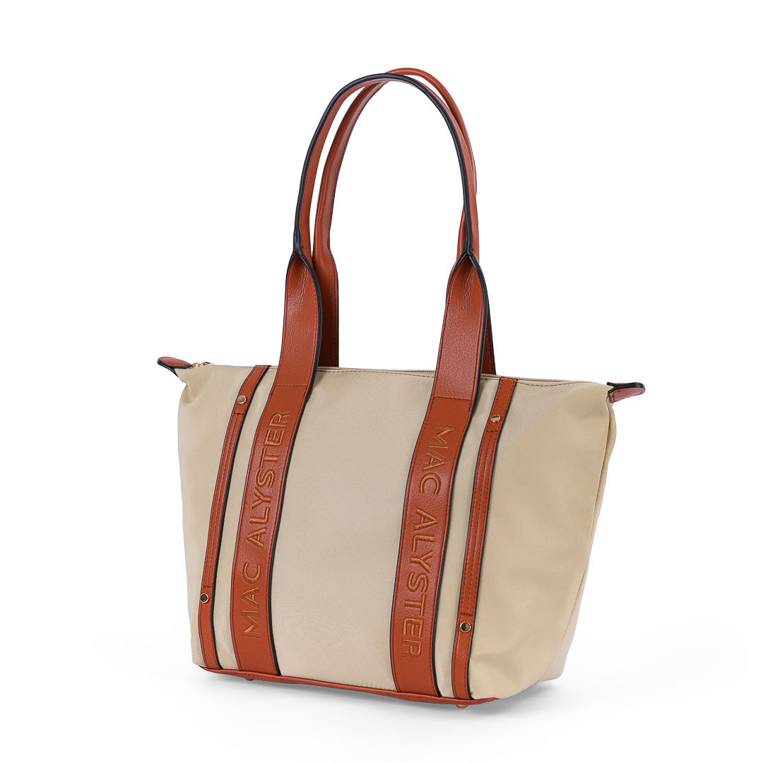 Grand sac cabas femme Abrielle en tissu toile beige et finitions marron porté épaule
