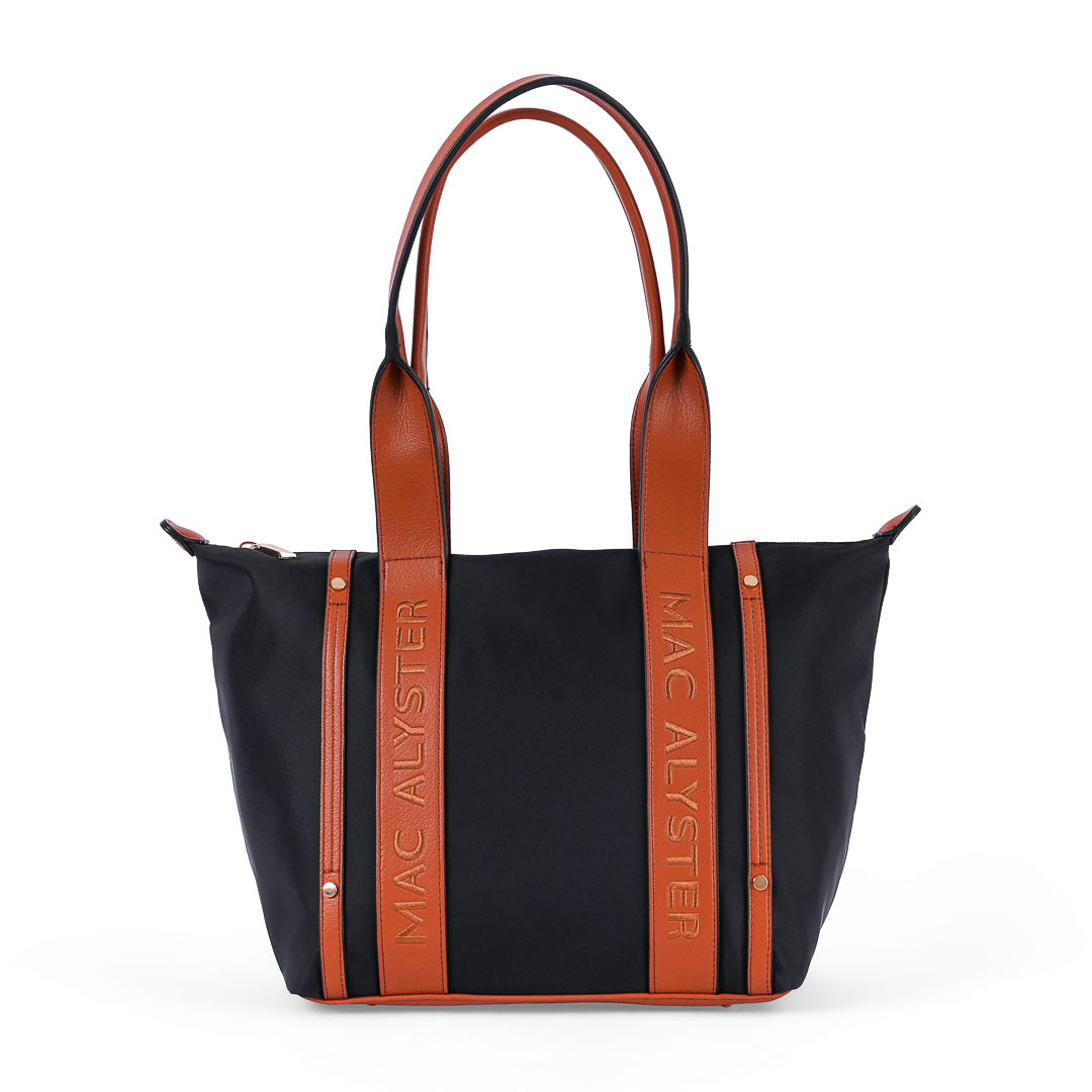 Grand sac cabas femme Abrielle en tissu toile noir et finitions marron porté épaule
