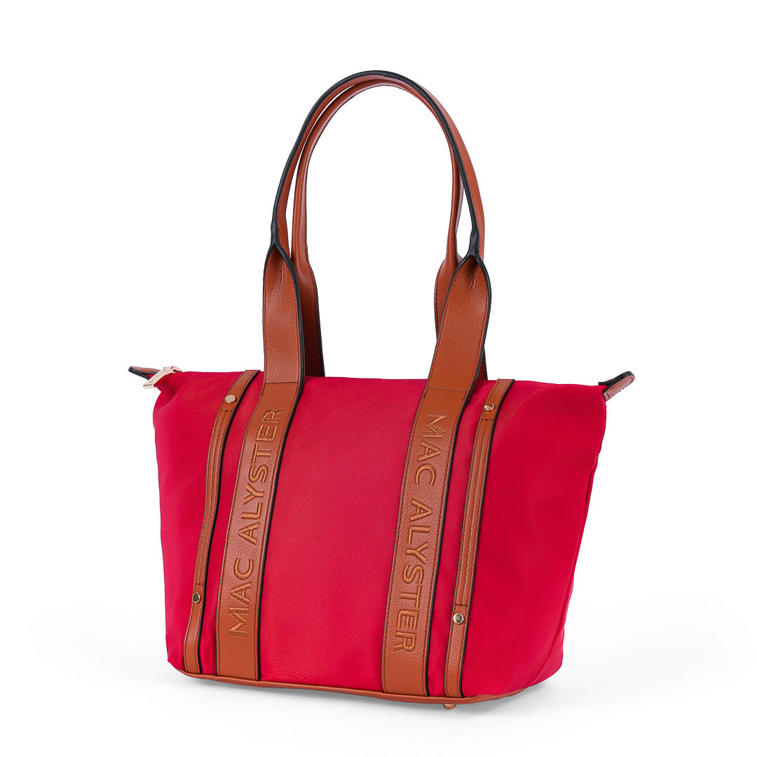 Grand sac cabas femme Abrielle en tissu toile rouge et finitions marron porté épaule