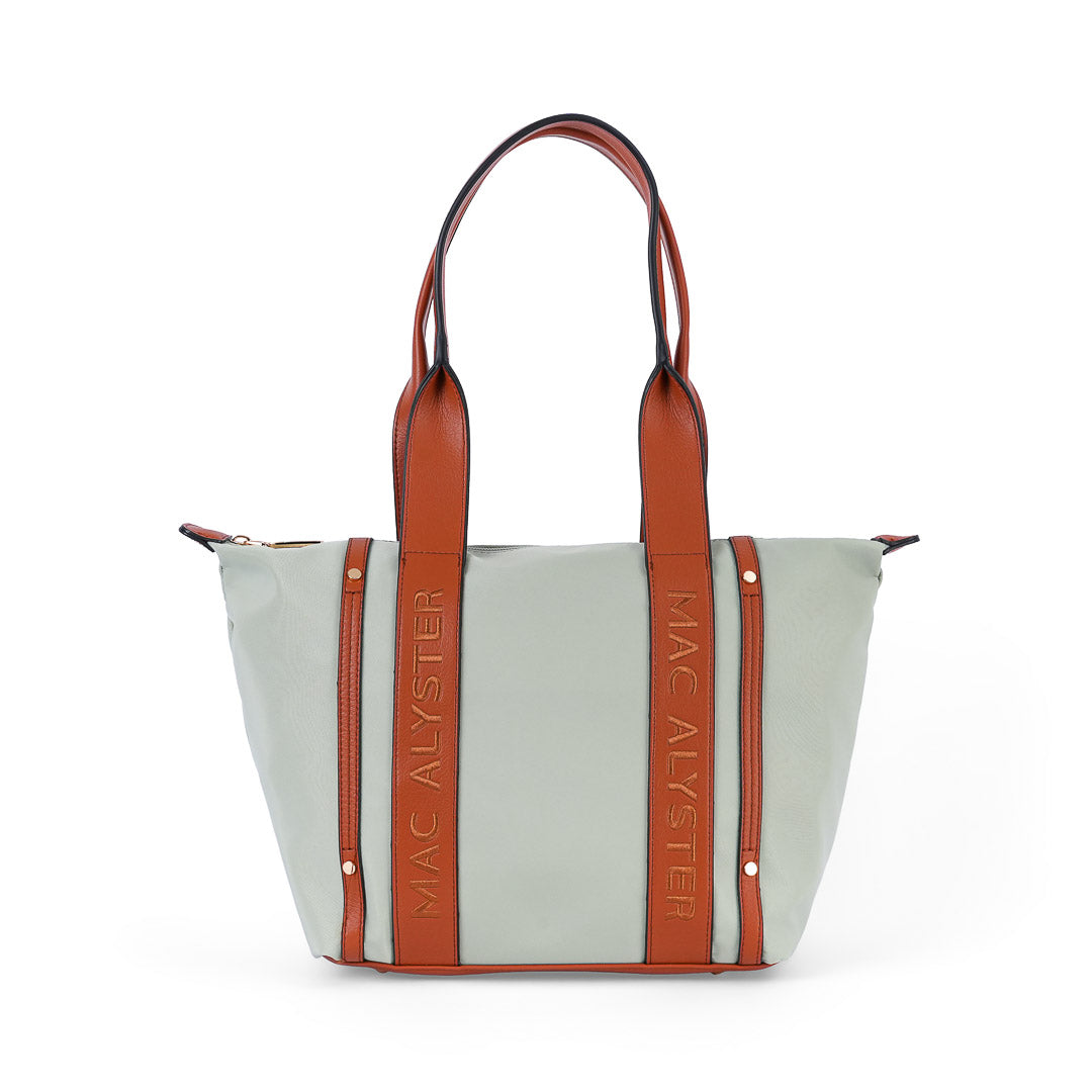 Grand sac cabas femme Abrielle en tissu toile vert et finitions marron porté épaule
