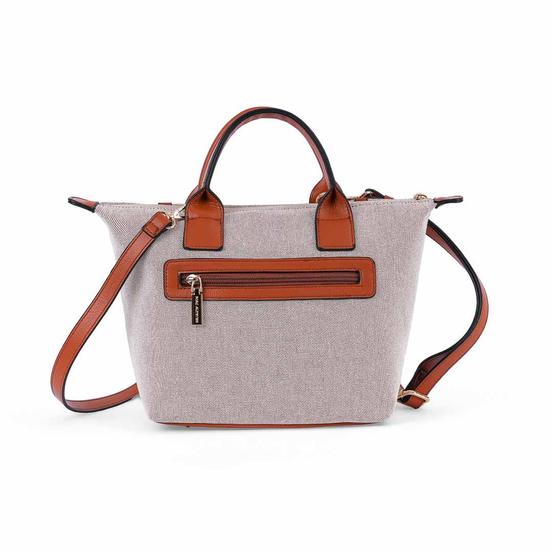 Sac porté main femme Abrielle en lin naturel et finitions cuir synthétique marron
