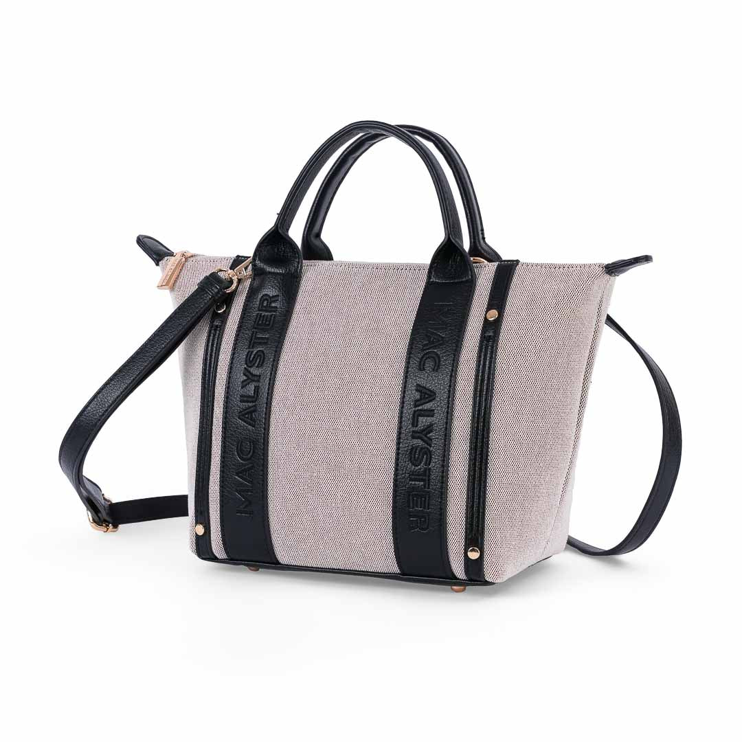 Sac porté main femme Abrielle en lin naturel et finitions cuir synthétique noir