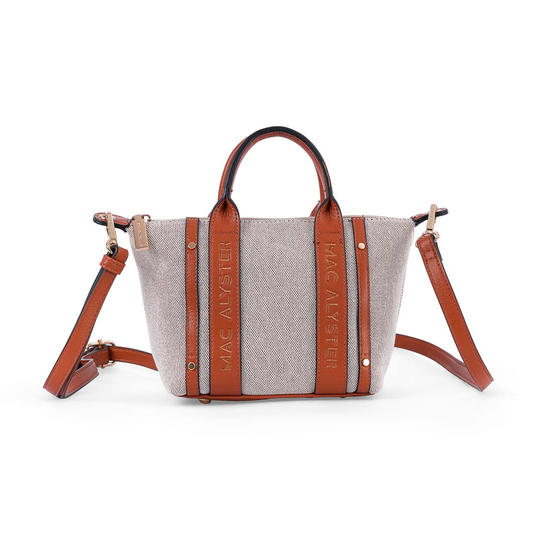 Petit sac porté main femme Abrielle en lin et finitions marron style bohème chic