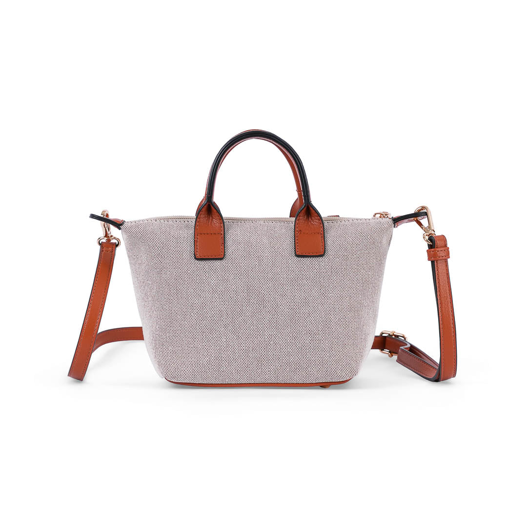Petit sac porté main femme Abrielle en lin et finitions marron style bohème chic