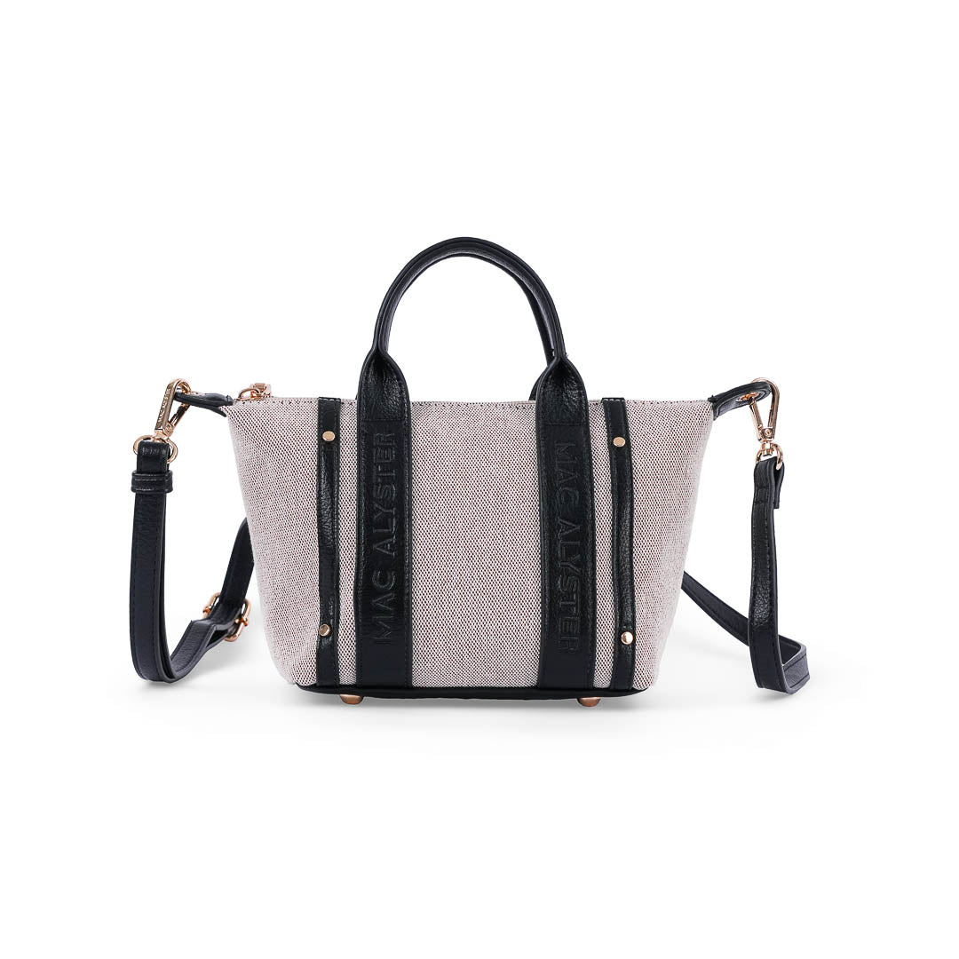 Petit sac porté main femme Abrielle en lin et finitions marron style bohème chic