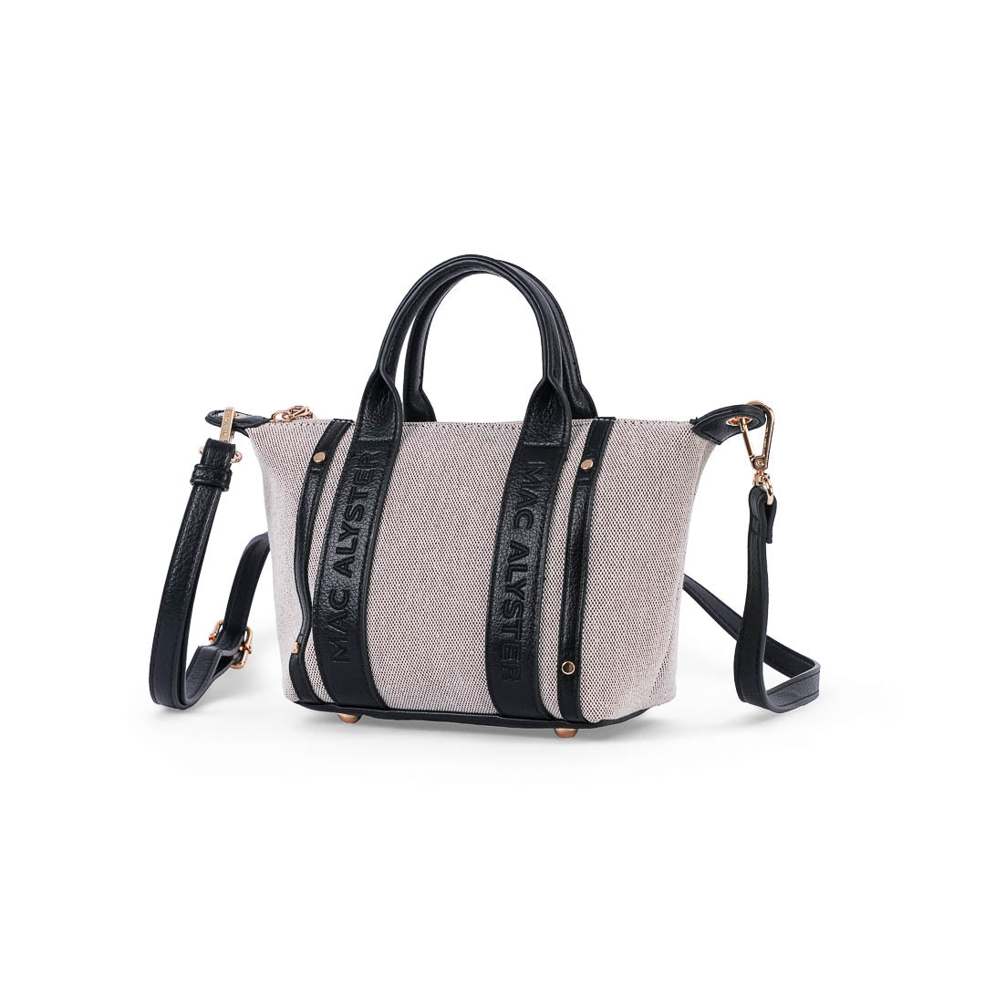 Petit sac porté main femme Abrielle en lin et finitions marron style bohème chic