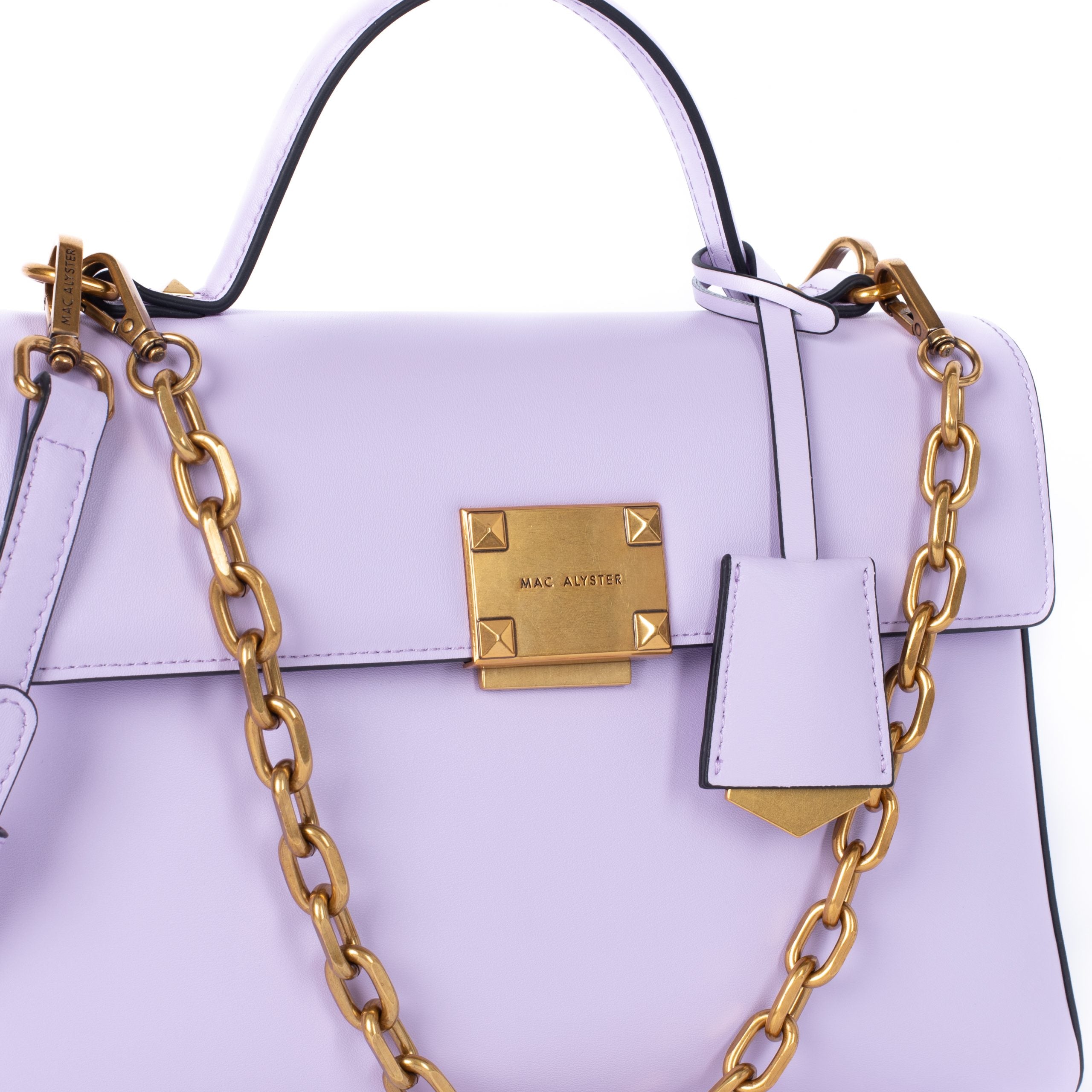 Sac à main avec bijou et chaîne MÉLYSSA pour femme en cuir LILAS de face focus bijou et chaîne