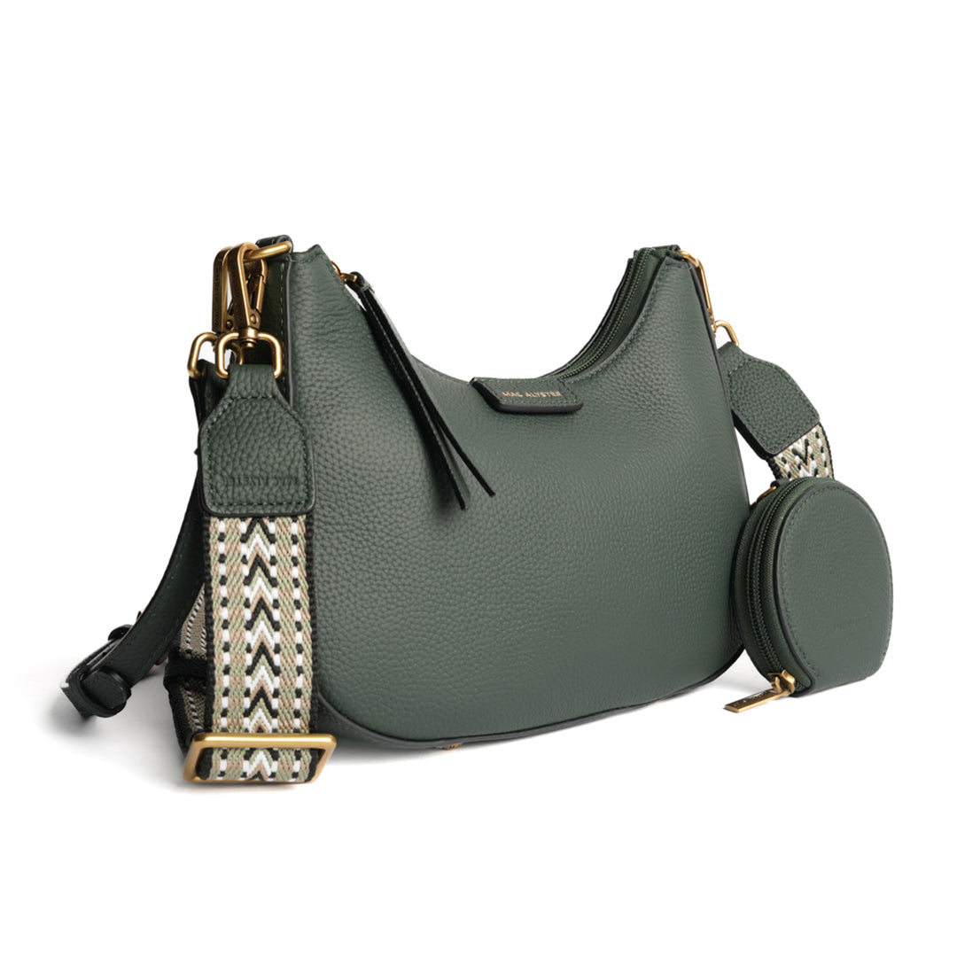 Petit sac demi-lune GIULIA pour femme en cuir VERT de trois-quarts