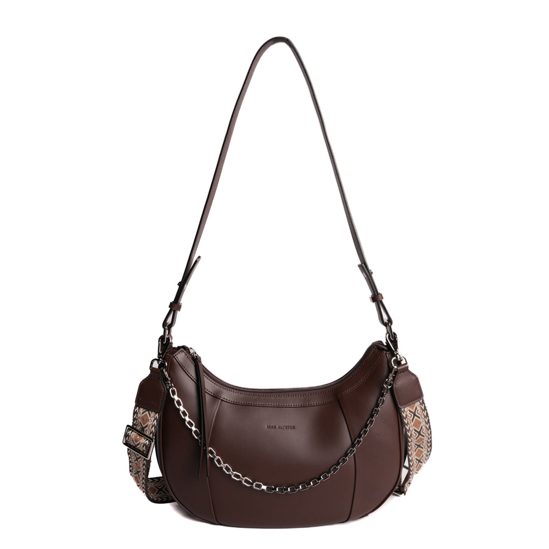 Grand sac demi-lune LOUNA pour femme en cuir MARRON de face