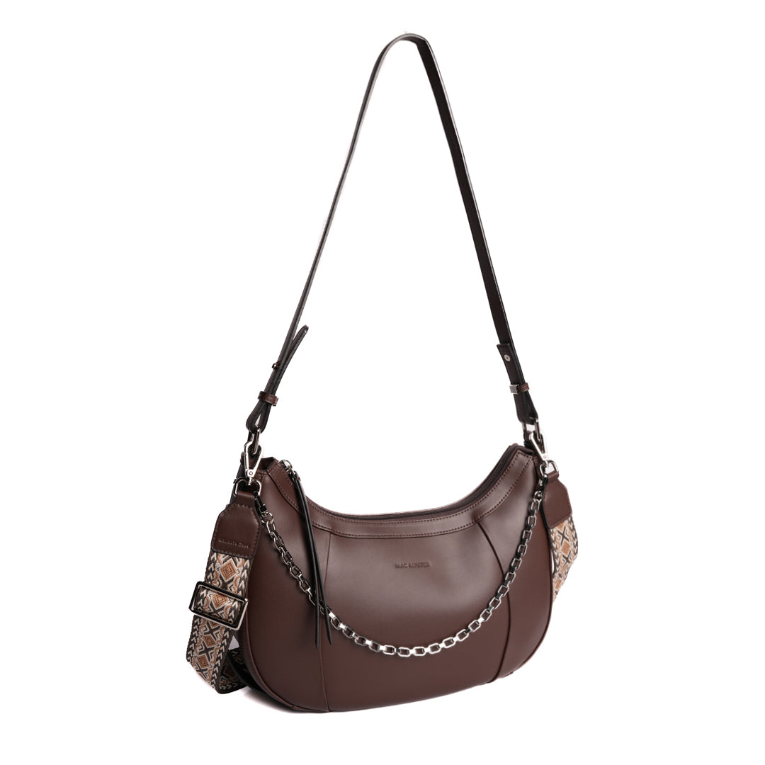 Grand sac demi-lune LOUNA pour femme en cuir MARRON de trois-quarts